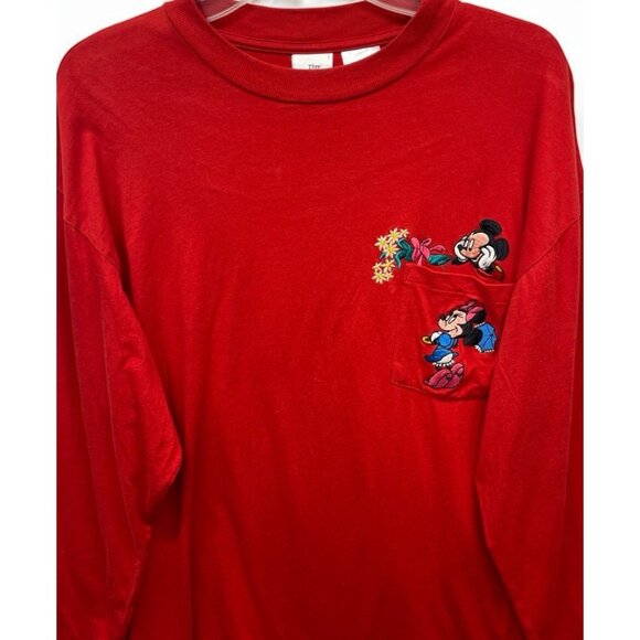 VTG Disney Mickey Minnie Embroidered Red Tshirt Womens Sz L  Pocket Long Sleeve - Picture 3 of 10
